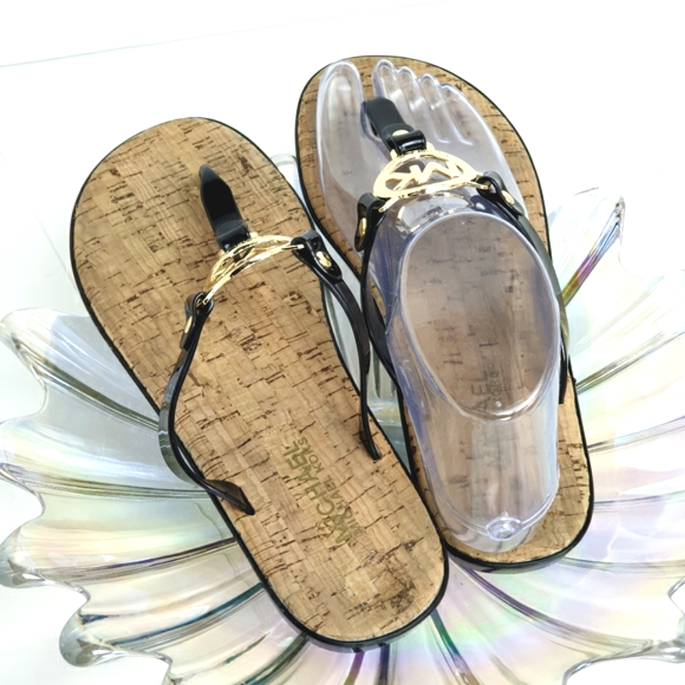 Michael MK jelly flats flip-flops gold tone logo slip-on size 7